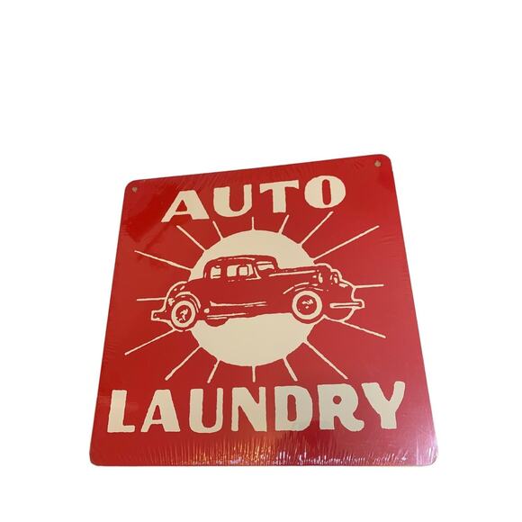 Land of Nod Sign Red Auto Laundry Signs Go By Gus Yellow Set of 2 New Sealed - Picture 2 of 5
